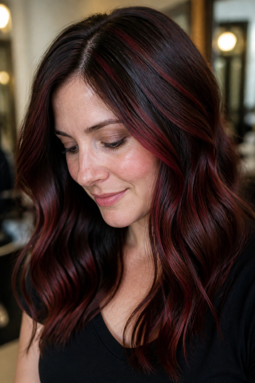 Close-up of brunette hair with cherry cabernet ribbon highlights on a real person