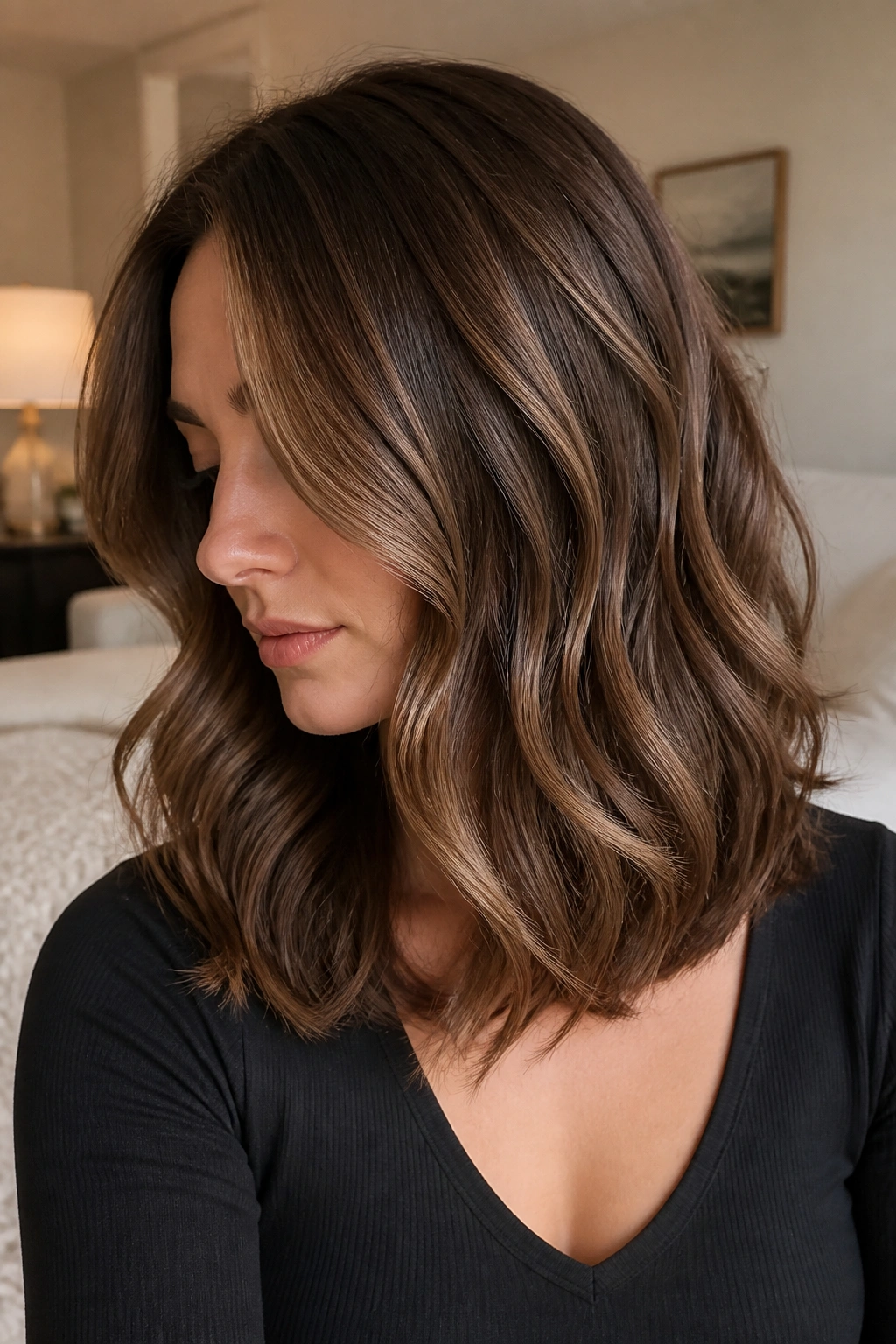 Real woman with shoulder-length chestnut hair and ribbon highlights in soft lighting