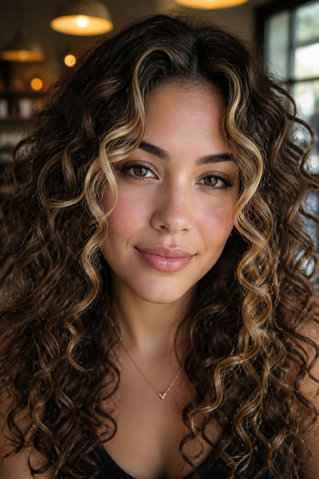 Close-up of a real woman's curly hair with ribbon highlights following the curl pattern