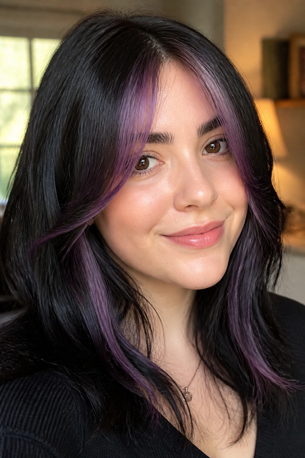 Curtain bangs with slim violet ribbon highlights on a real person