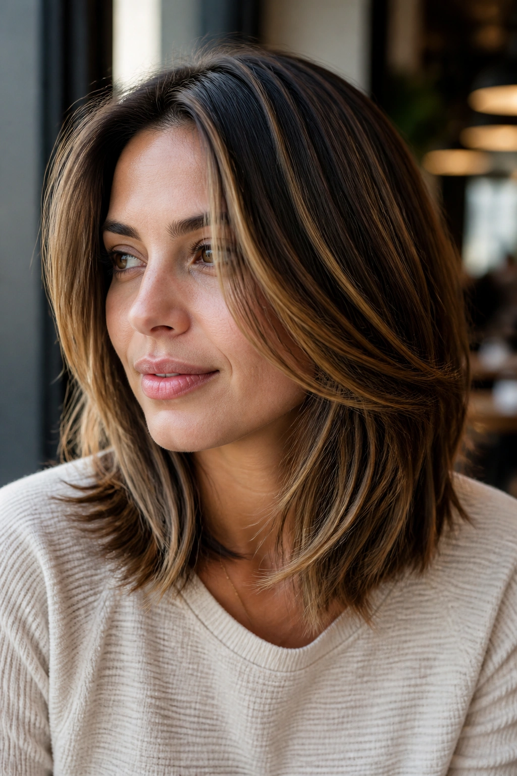 Close-up of a real person with a layered lob and caramel ribbon highlights