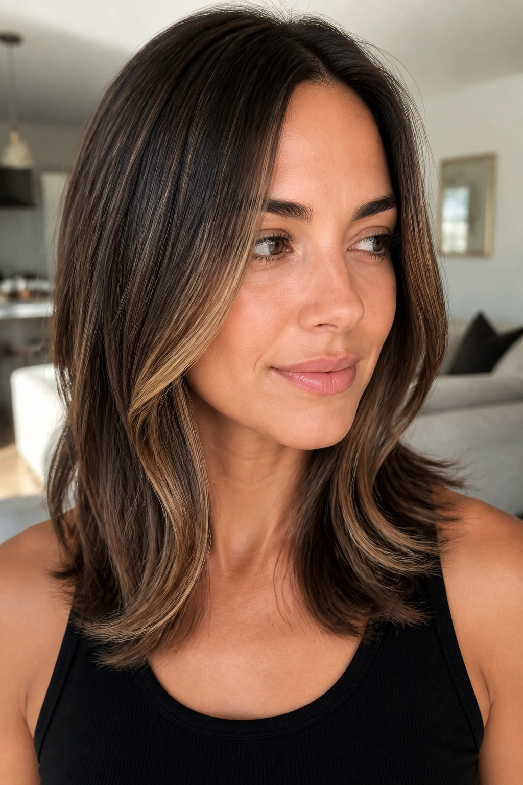 Medium-length layered hair with ribbon highlights flowing through the layers
