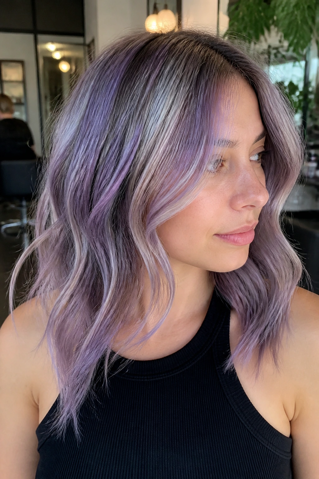 Real person with lilac and silver ribbon highlights in cool-toned hair.