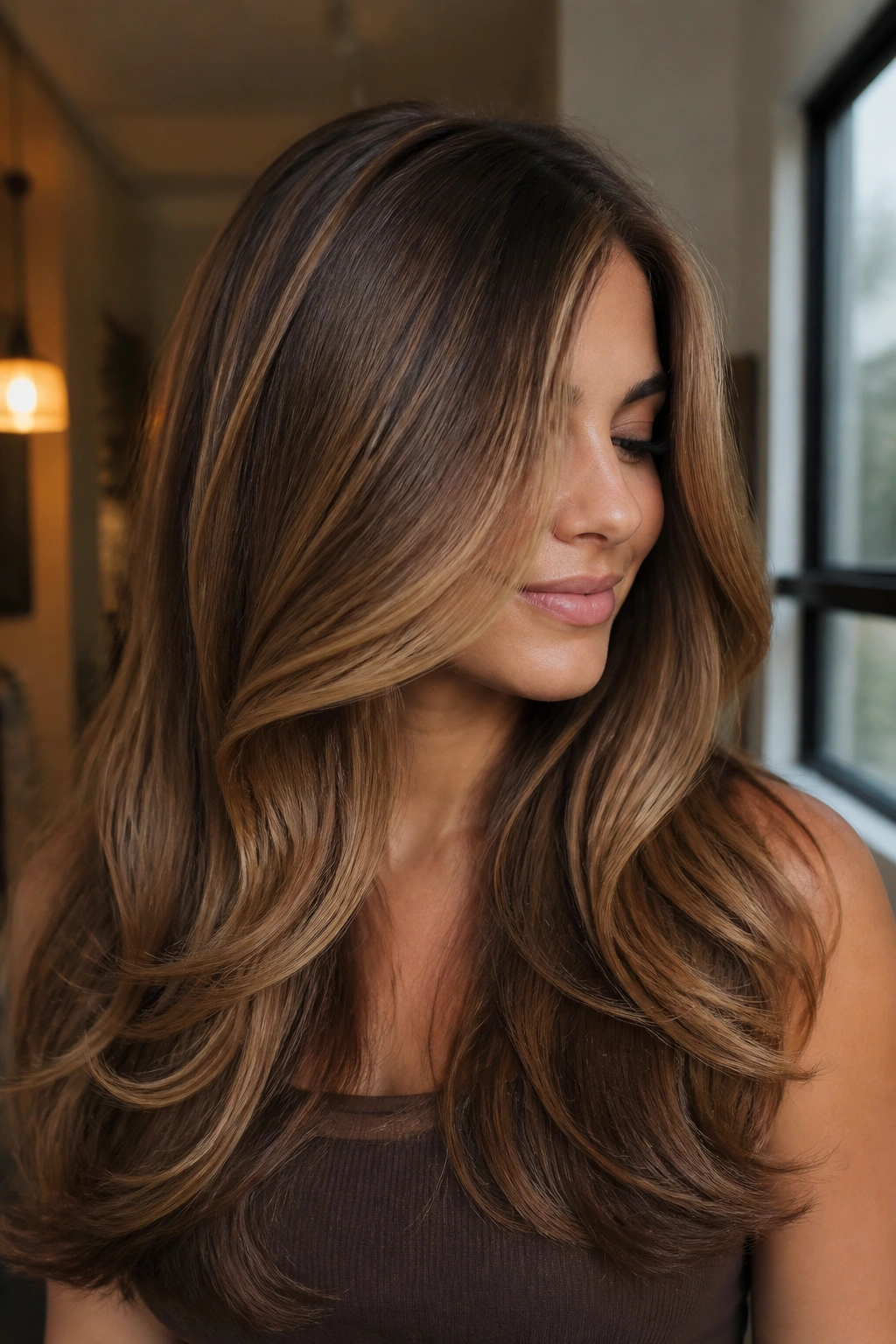 Close-up of a real woman with ribbon highlights along long layered brown hair.