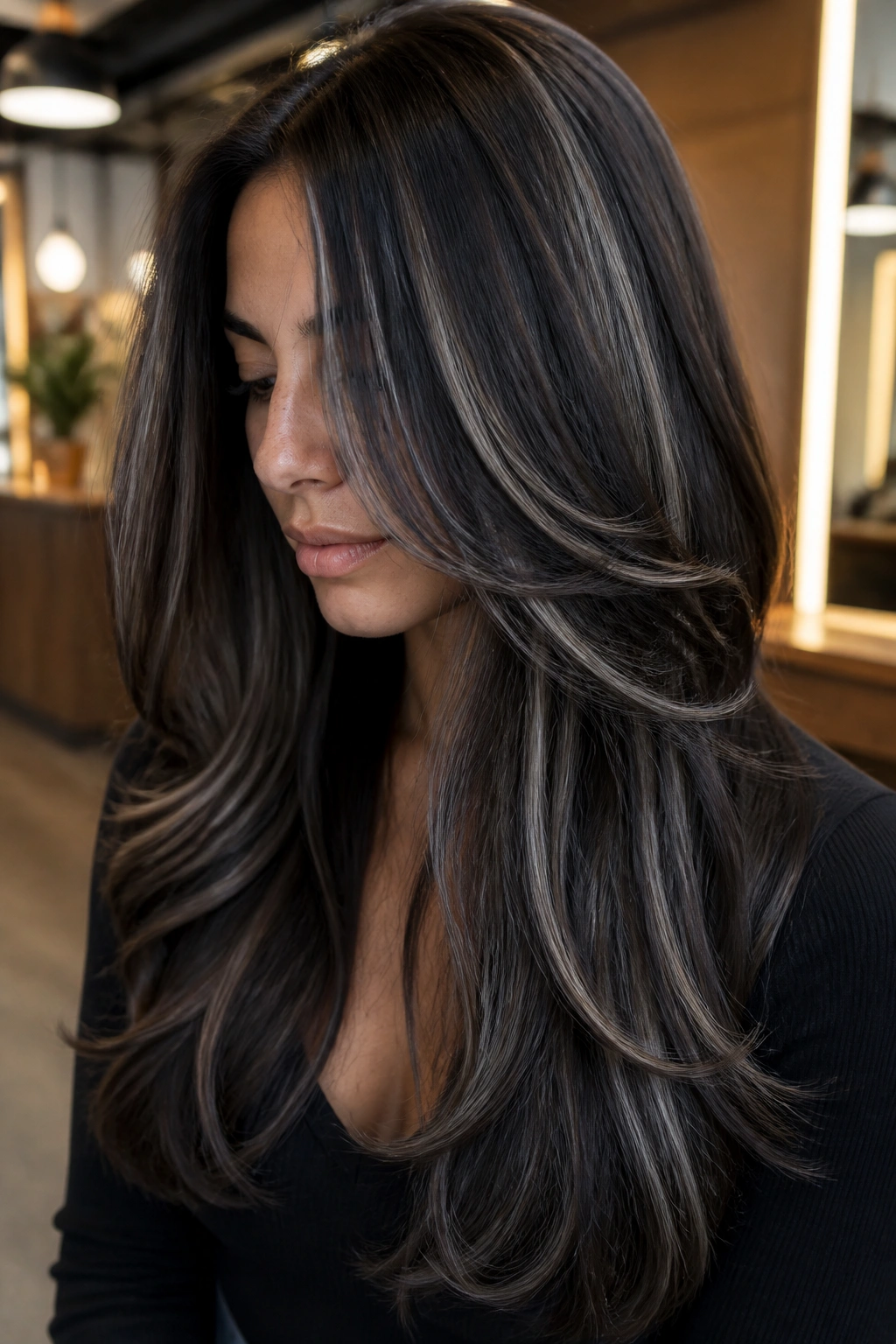 Close-up of long brown hair with ribbon gray highlights following layers.