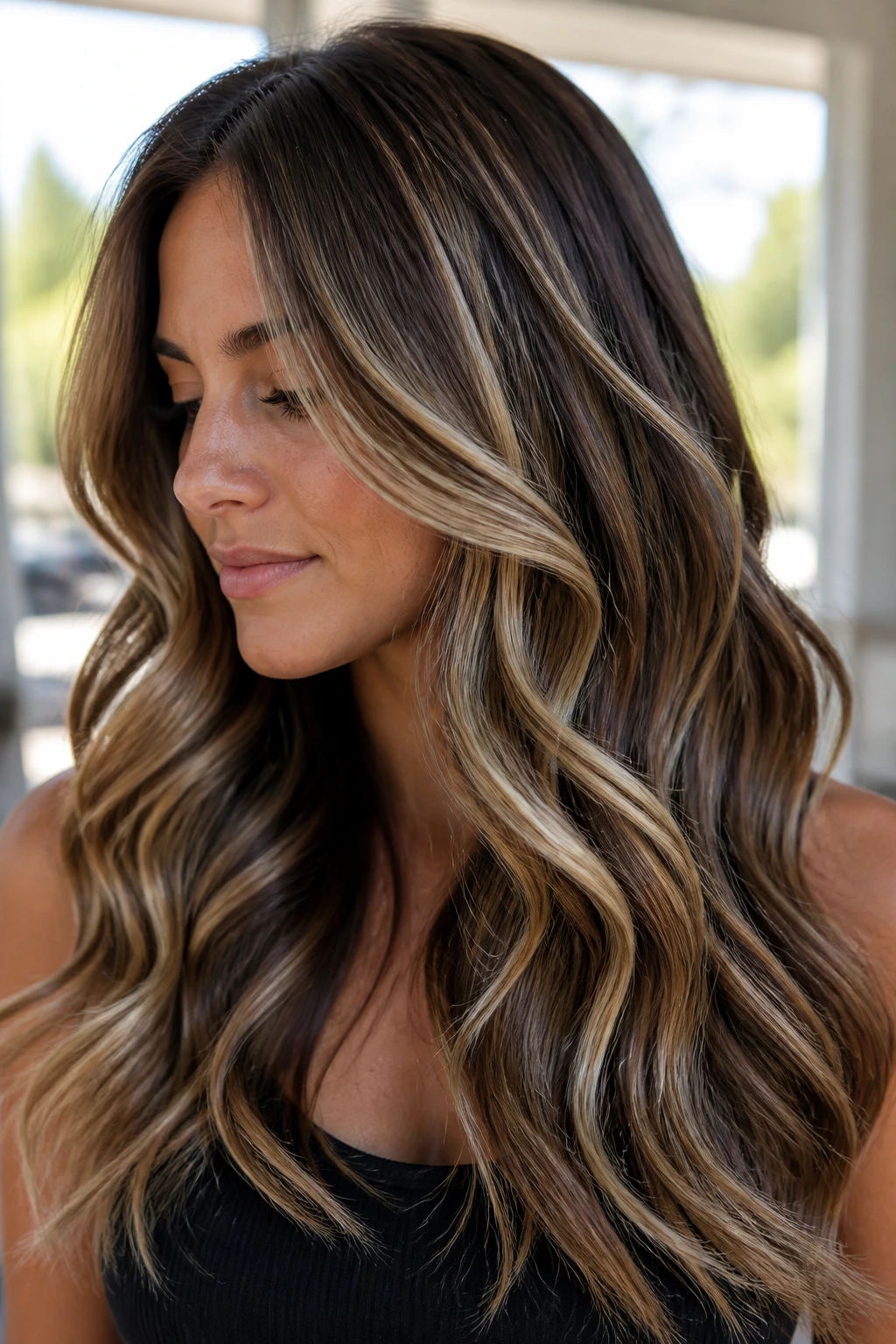 Brown hair with ribbon highlights in loose waves, close-up portrait