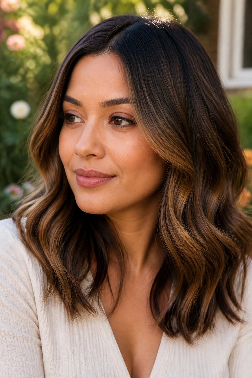 Real woman with caramel ribbon highlights through mid-lengths in natural sunlight