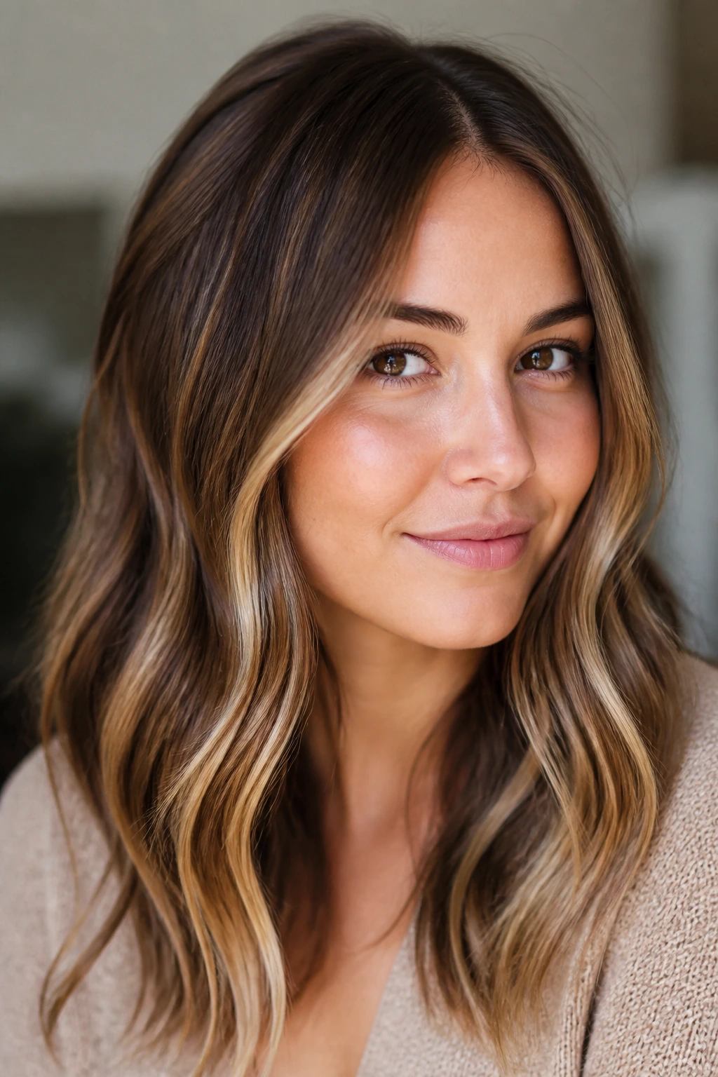 Portrait showing ribbon highlights through mid-lengths on a real woman's hair