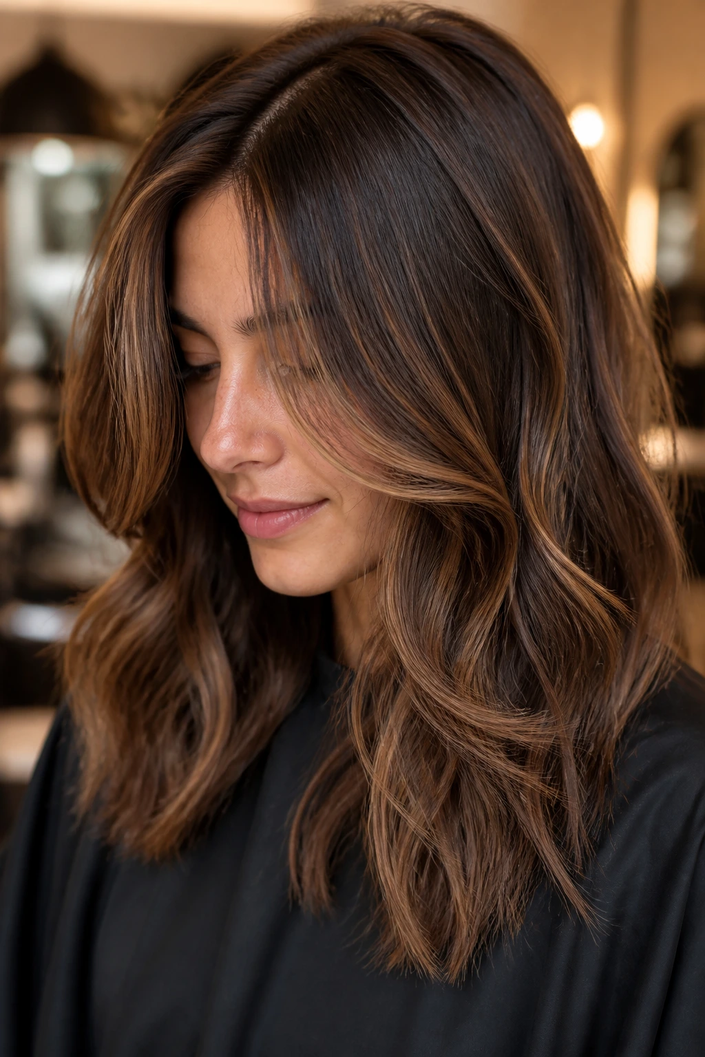 Close-up brunette hair with mid-length ribbon highlights in a salon.