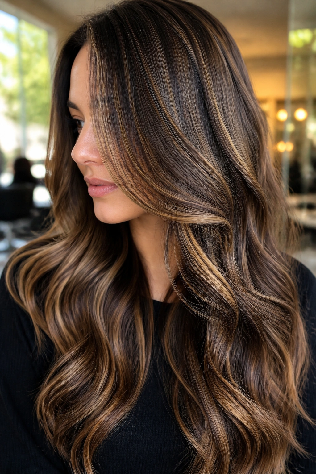 Brunette with thin mocha caramel ribbon highlights in hair.