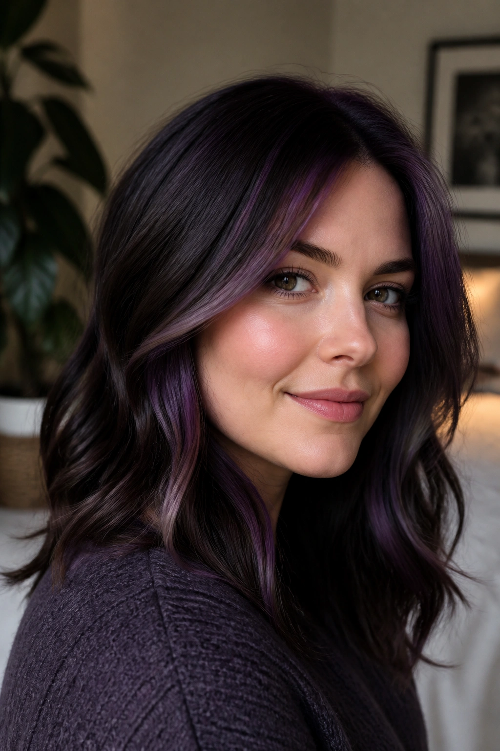 Real woman with plum and violet ribbon highlights framing her face.