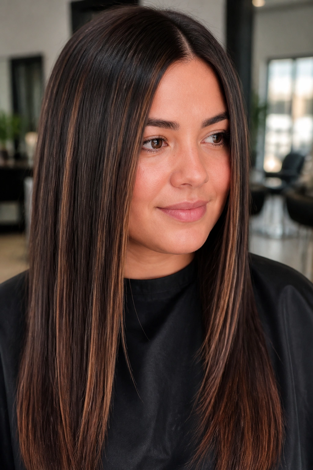 Close-up of a real woman with straight hair and ribbon highlights in warm chocolate brown