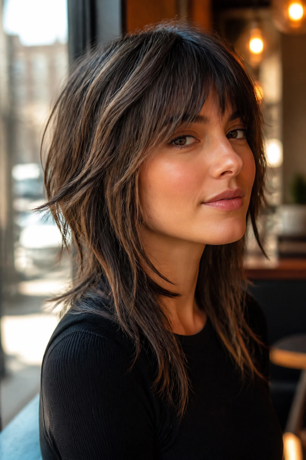 Close-up of a real woman with ribbon-layer choppy shag in golden hour light