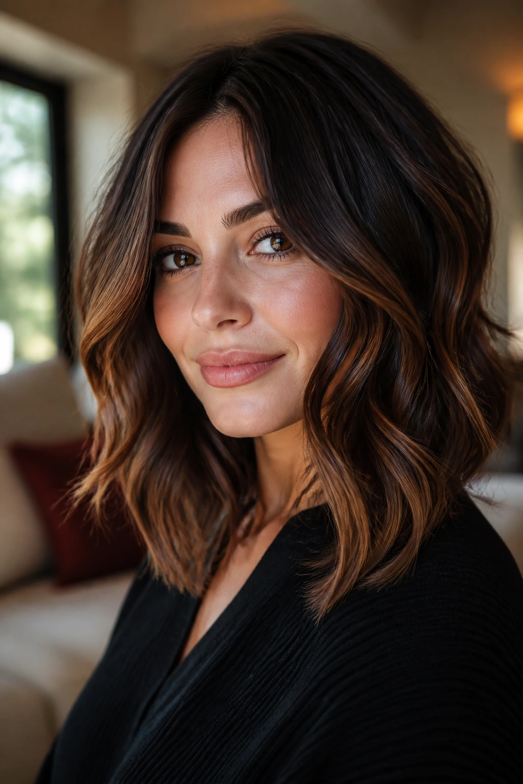 Portrait of a real woman with wavy hair and chestnut-to-espresso ribbon lights