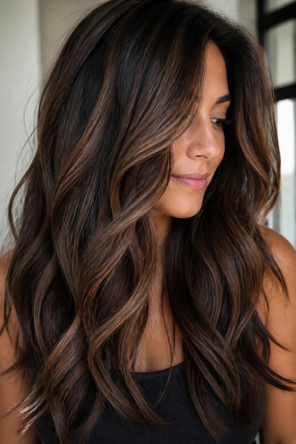 Brunette with thick hair showing wide ribbon lowlights for movement