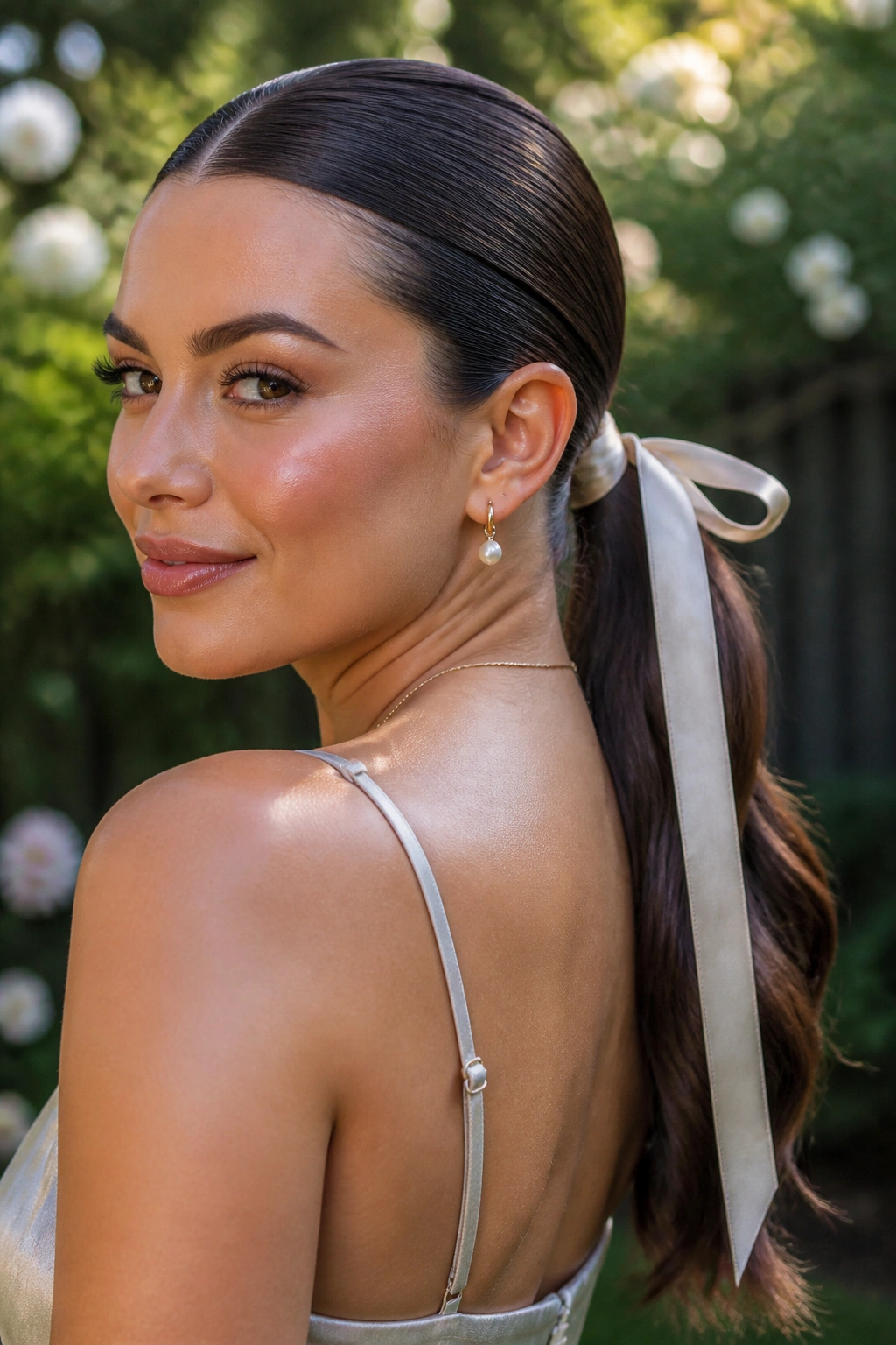 Close-up of a woman with a ribbon-wrapped ponytail and smooth root under bright outdoor light