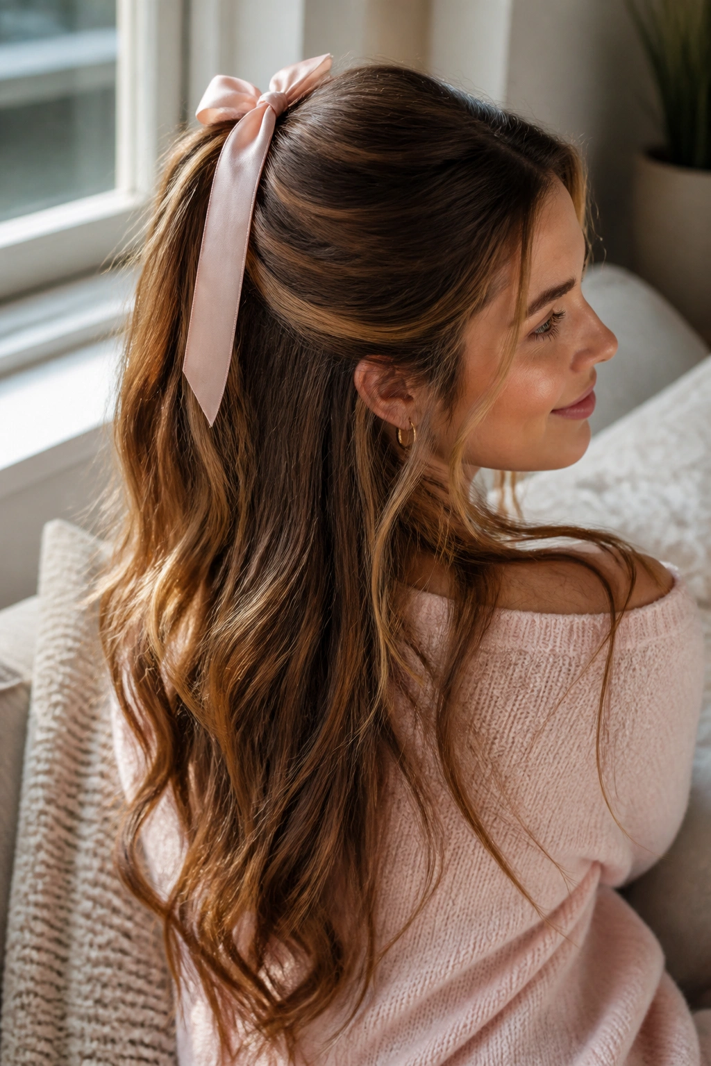 Close-up of a real woman with Ribbon-Tied Half-Up Ponytail