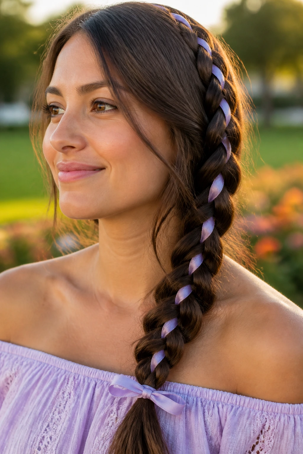 Ribbon woven through a side braid on a real woman in sunlight