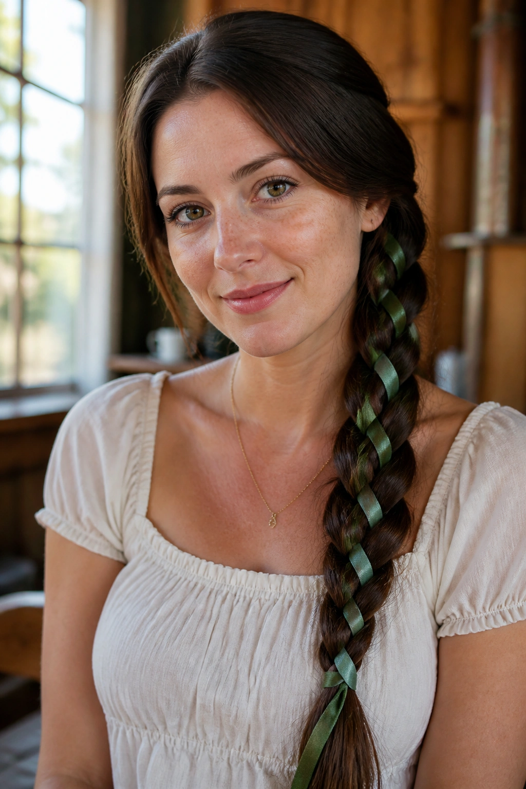 Close-up portrait of a real woman with a ribbon-woven braid
