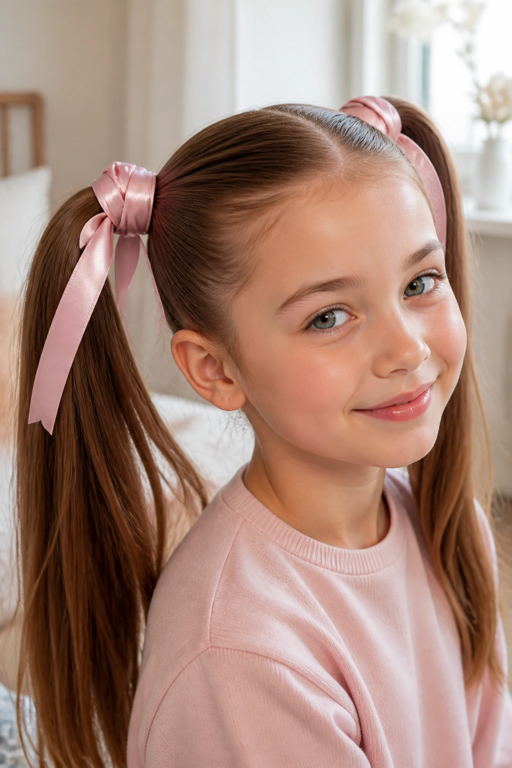 Real person with ribbon-wrapped high pigtails in a bright room.