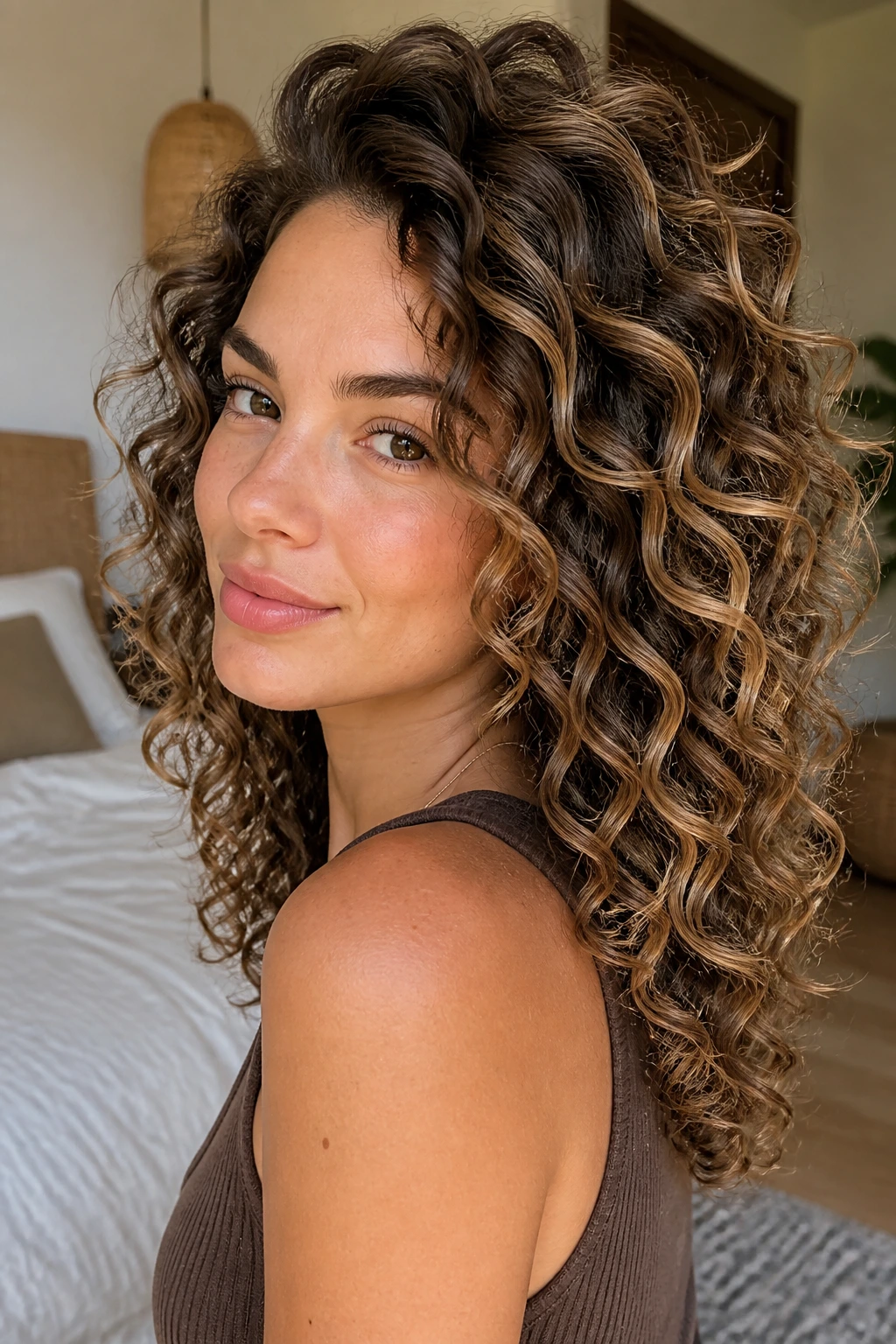Close-up of curly brown hair with ribboned ash highlights along the outer curl