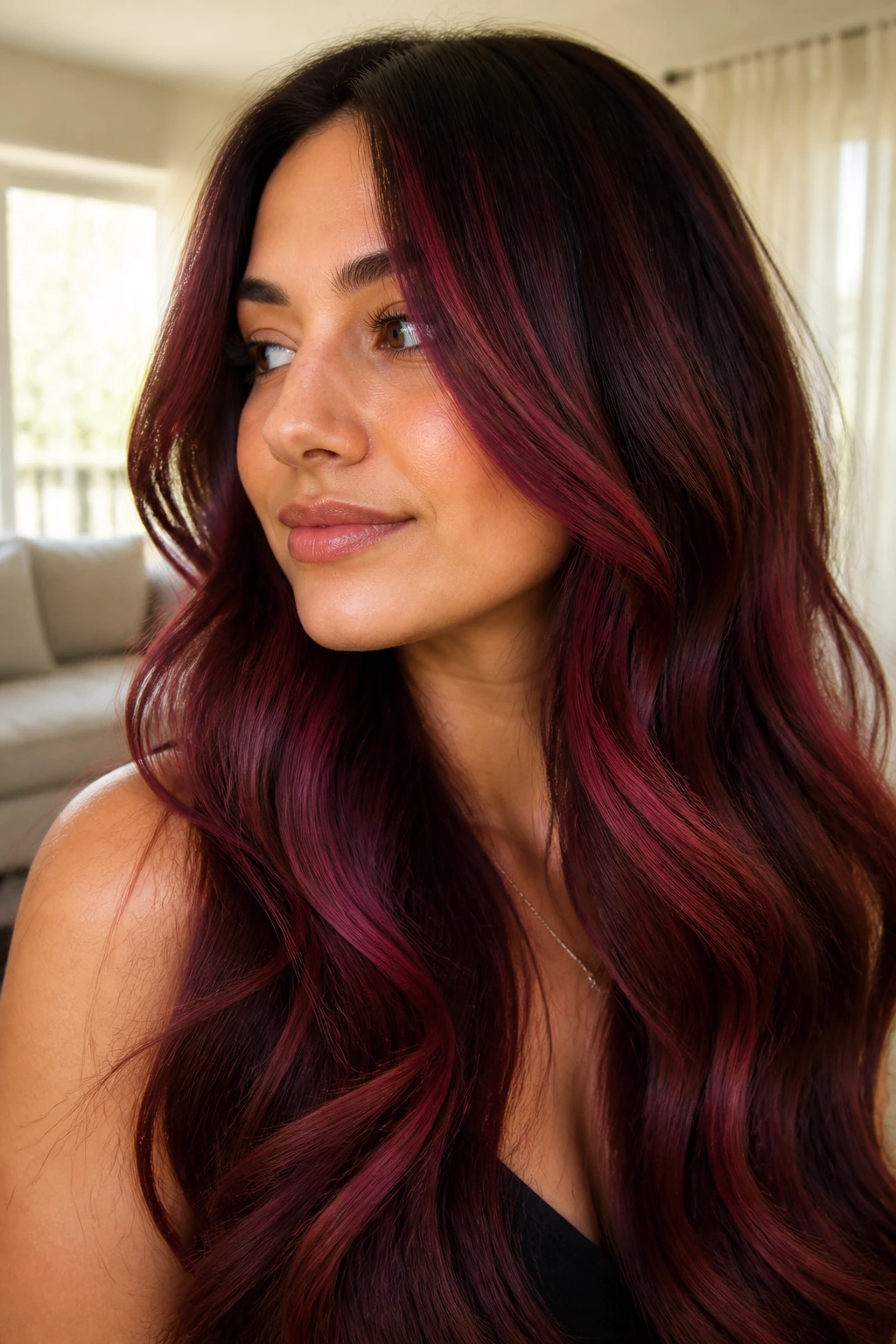 Real woman with long brunette hair and ribboned burgundy pink highlights