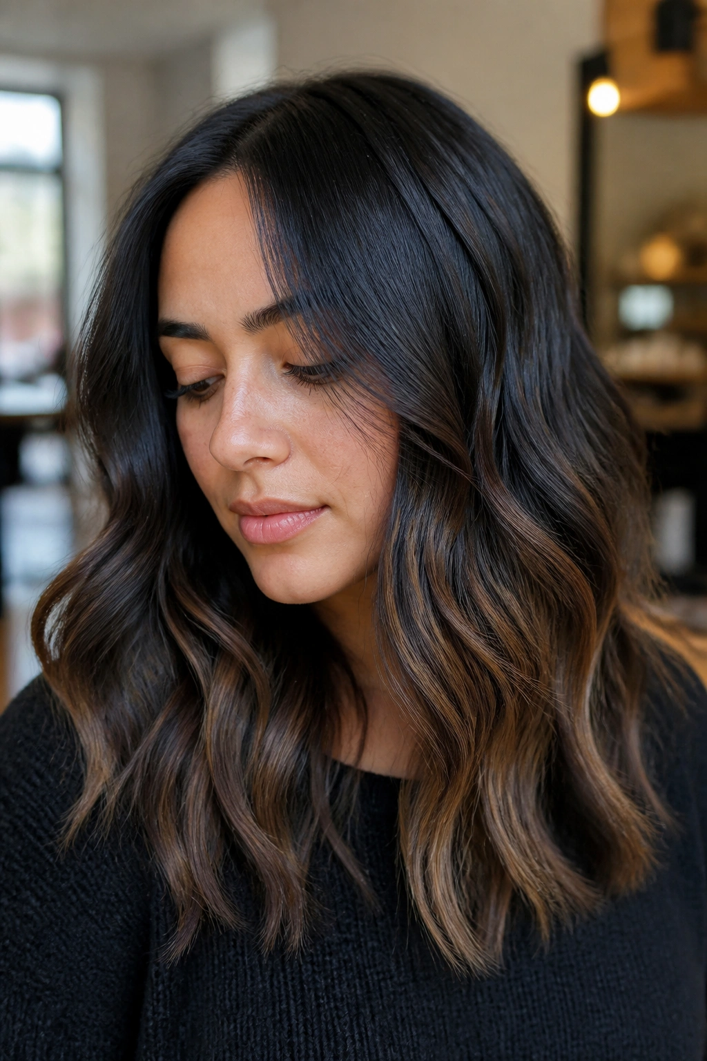 Close-up portrait of a real woman showing soft black ribbons with smoky brown ends woven through mid-lengths
