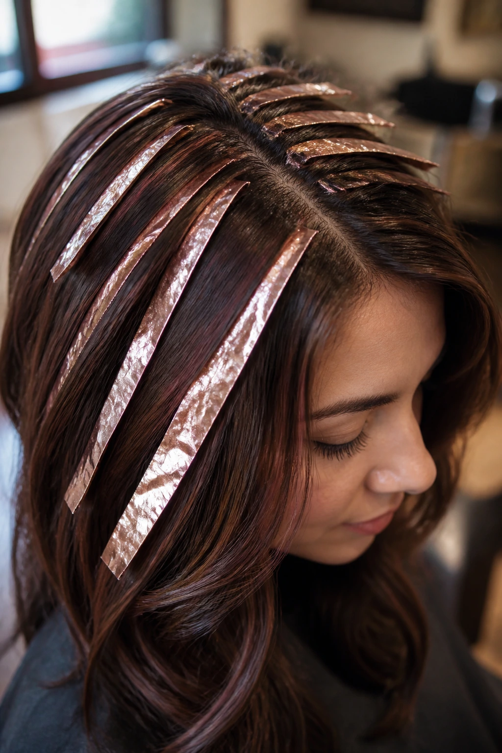 Close-up of brunette hair with ribboned mahogany foils around the crown