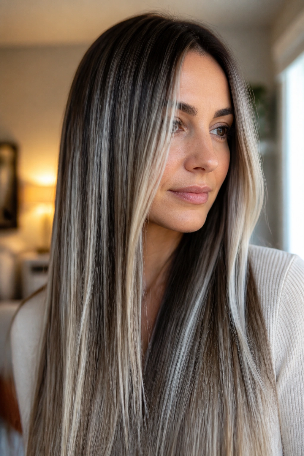 Close-up of a real woman with long straight hair featuring ribboned silver balayage.