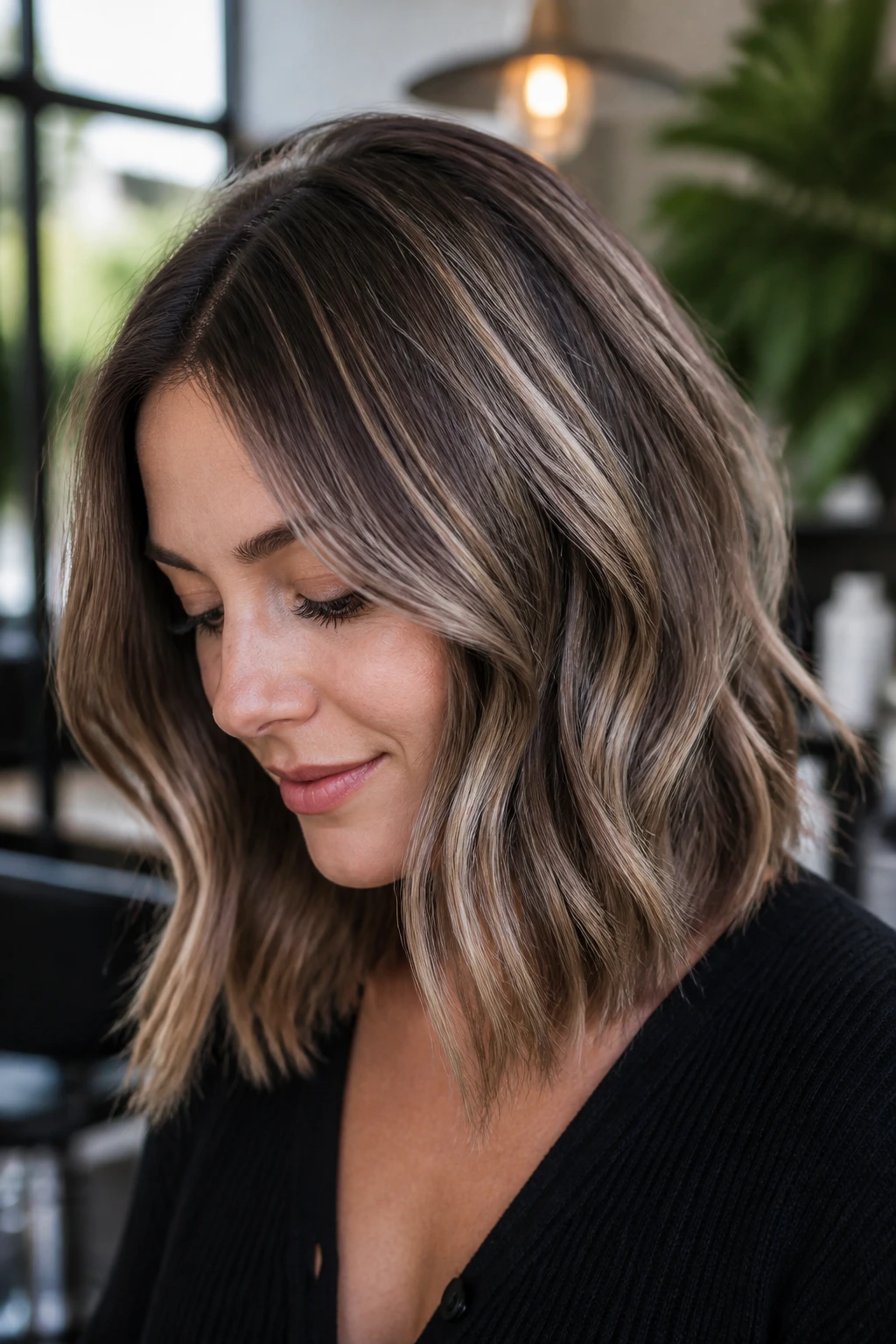 Close-up of a real woman's hair showing beige-ash hazelnut ribboning