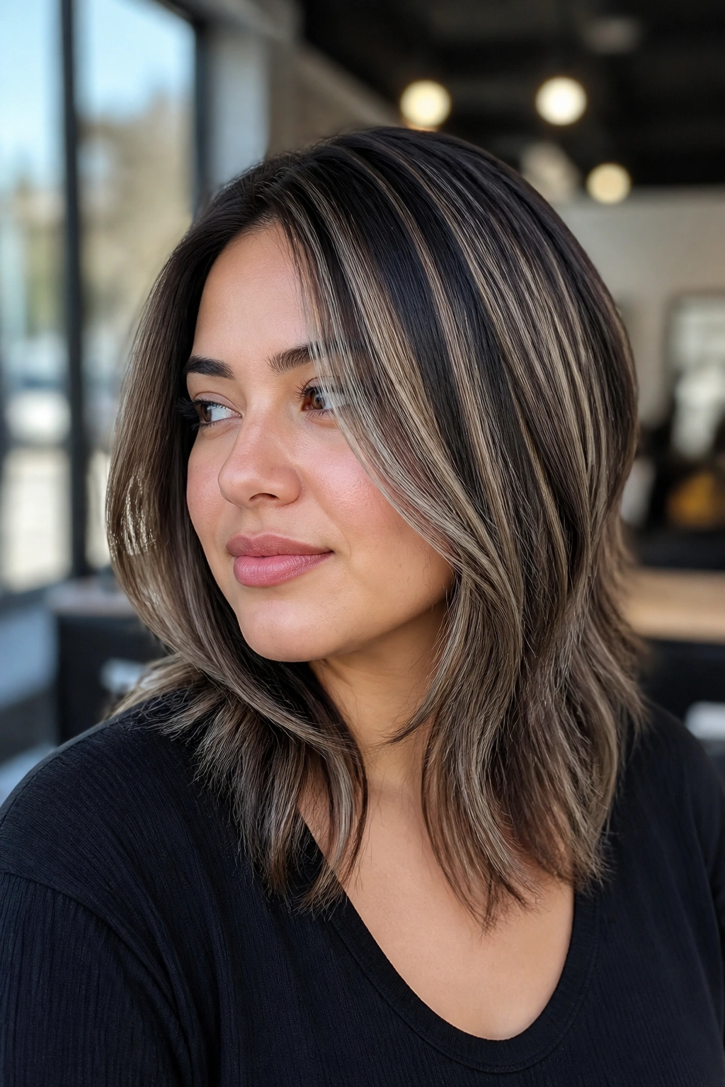 Close-up of a real woman with chunky brown-grey ribbon highlights spaced apart