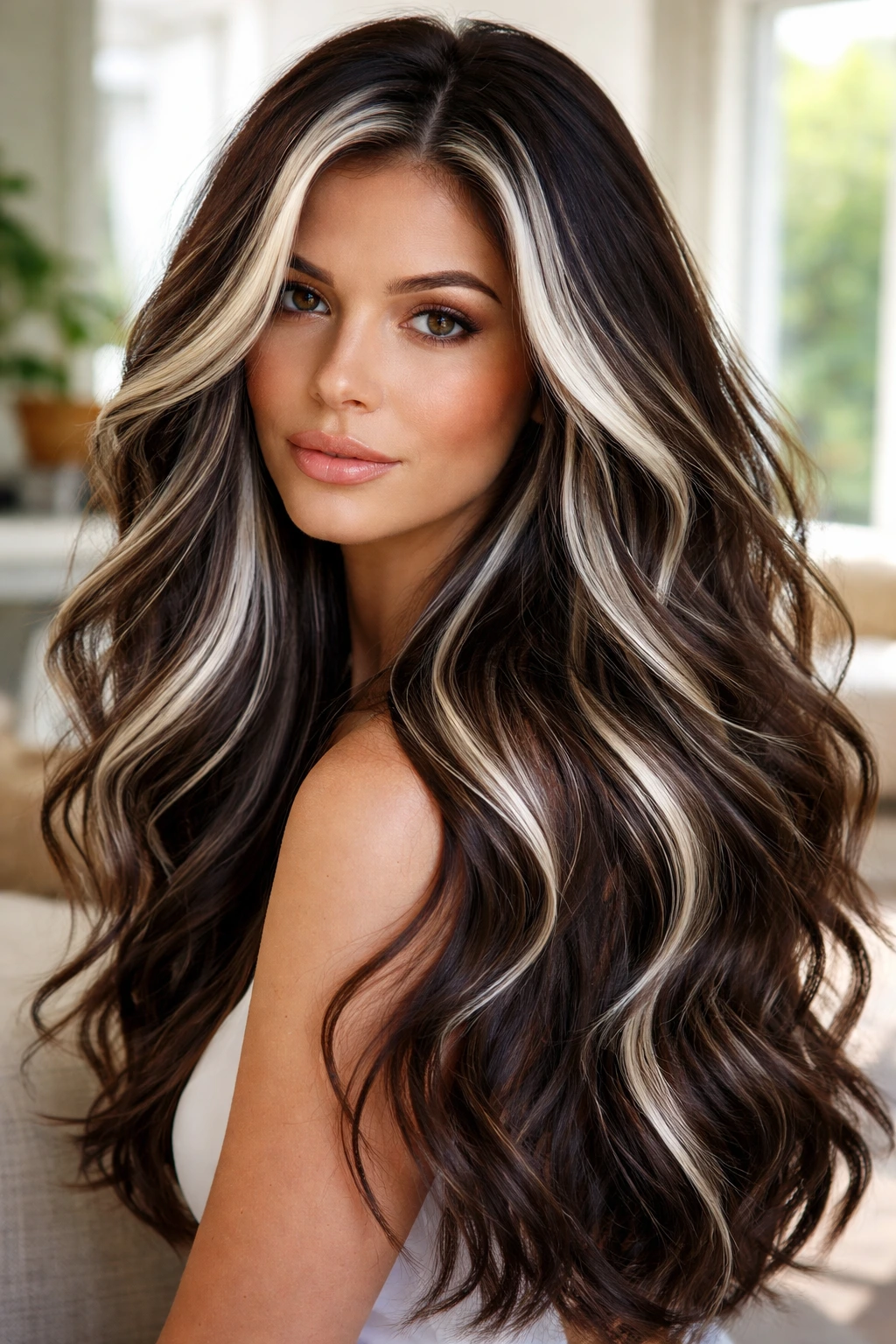 Real woman with silver-white ribbons highlights in dark brown hair.