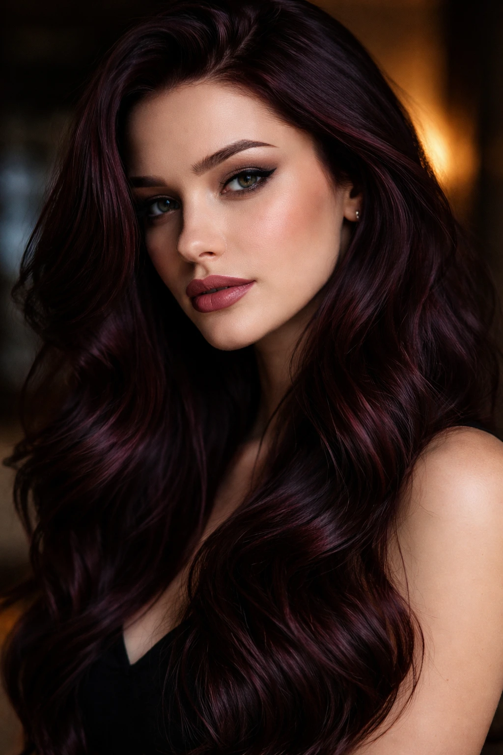 Portrait of a woman with rich black cherry hair in moody lighting
