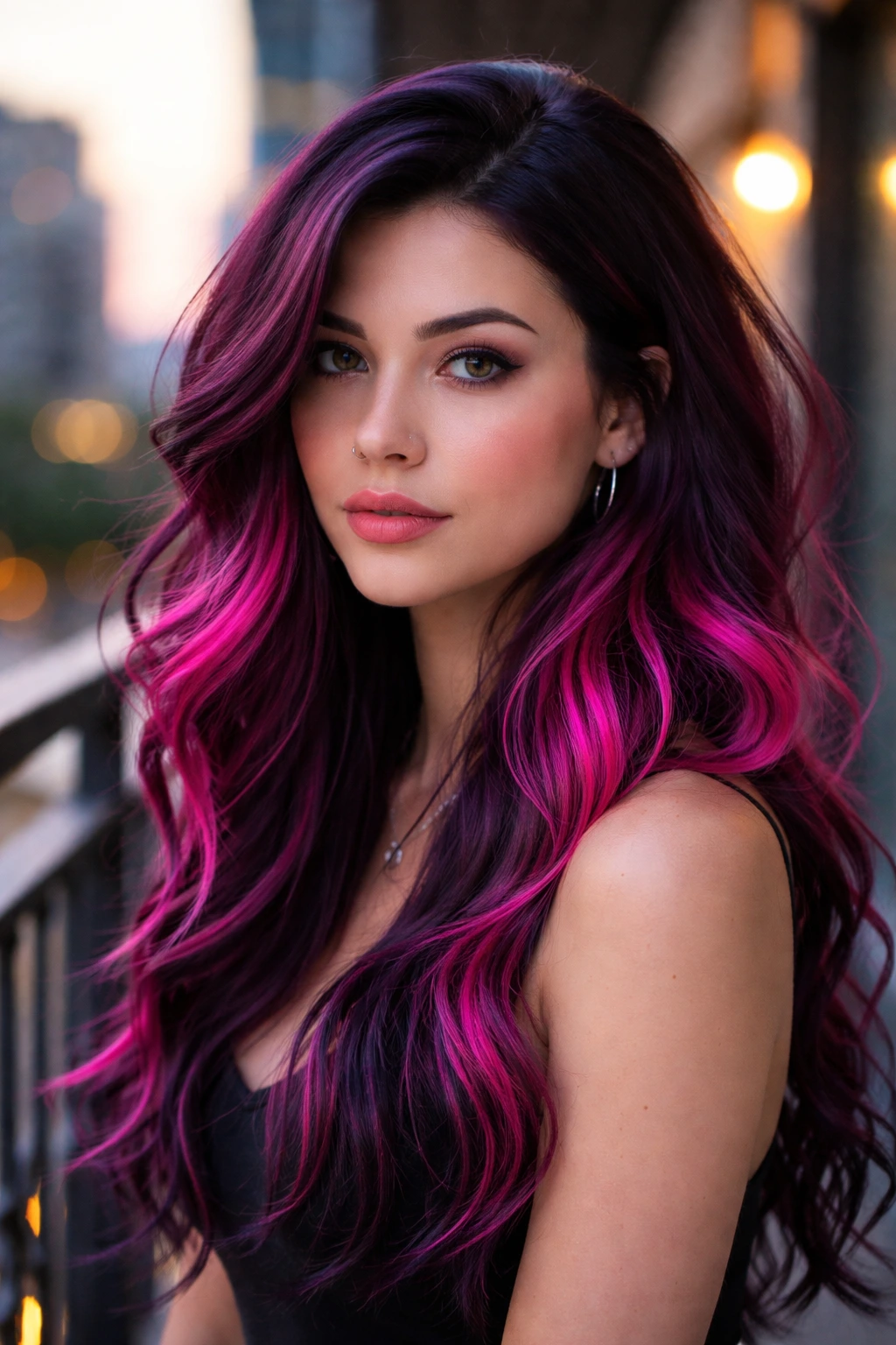 Close-up portrait of a real person with blackberry purple hair and hot pink accents in soft evening light