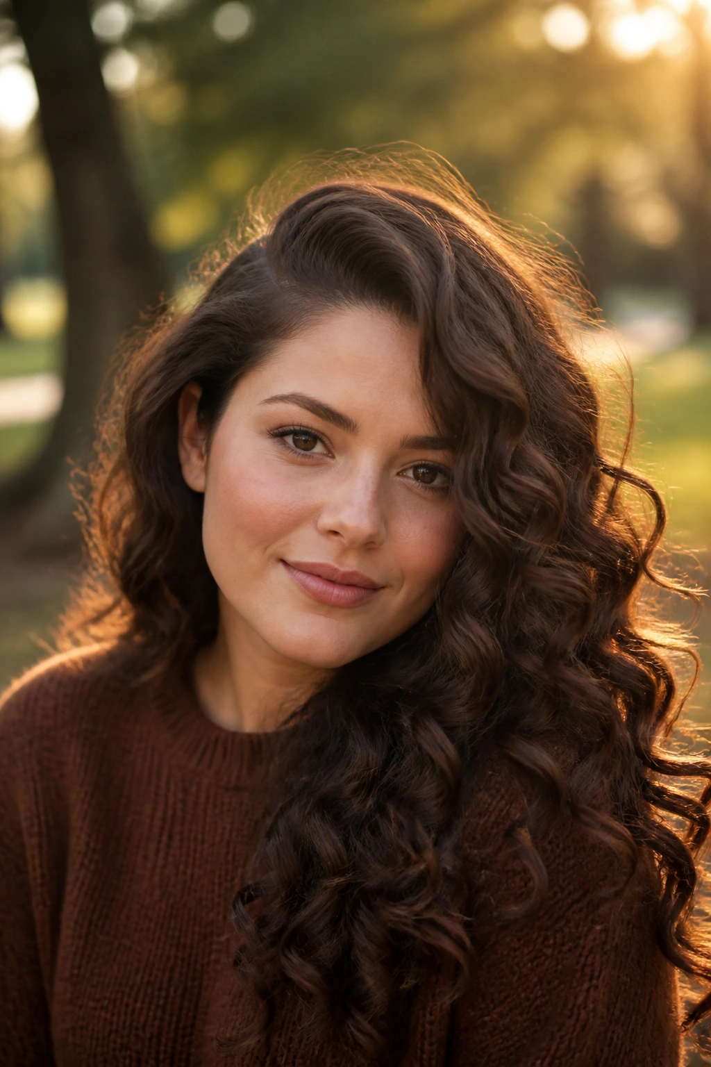 Close-up of real woman with deep side-part curls in rich brown.