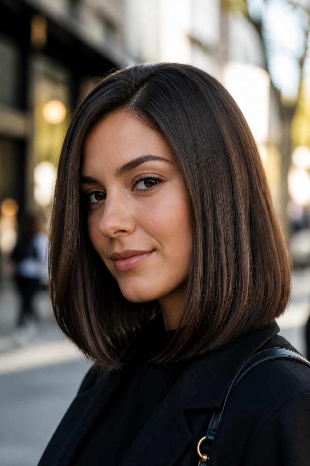 Close-up portrait of a real woman with a rich brown sleek straight lob.