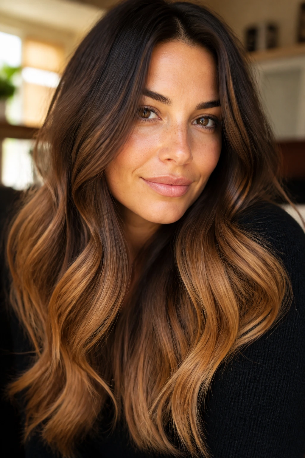 Close-up of rich brunette hair with maple ends on a real woman