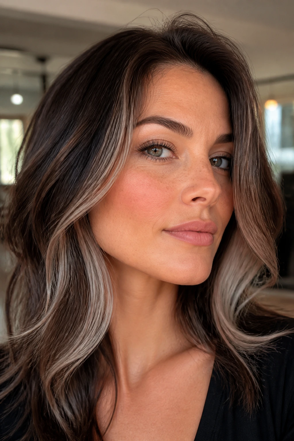 Close-up of rich brunette hair with silver around the jawline