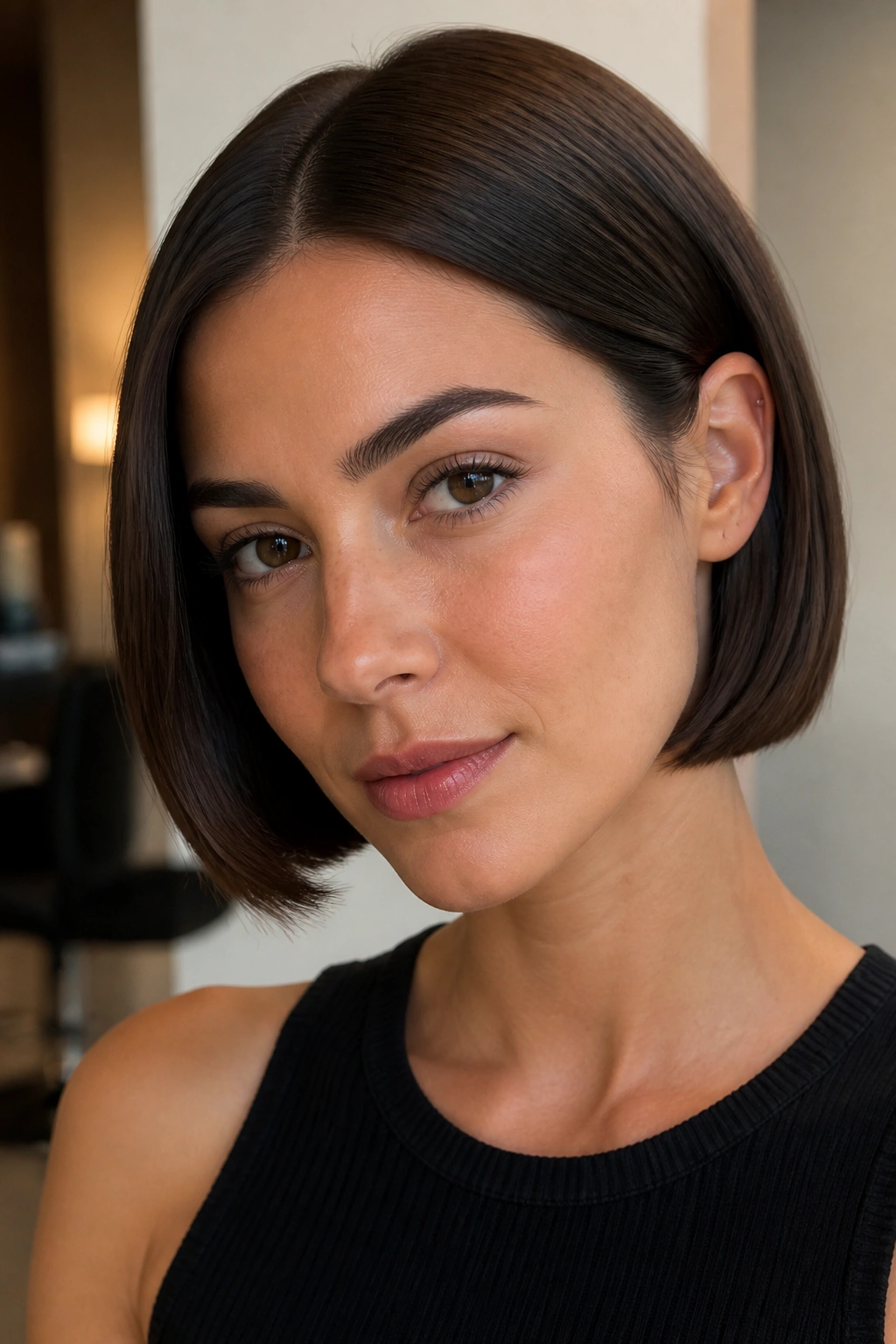 Real woman with a rich chocolate bob tucked behind both ears in warm salon light.