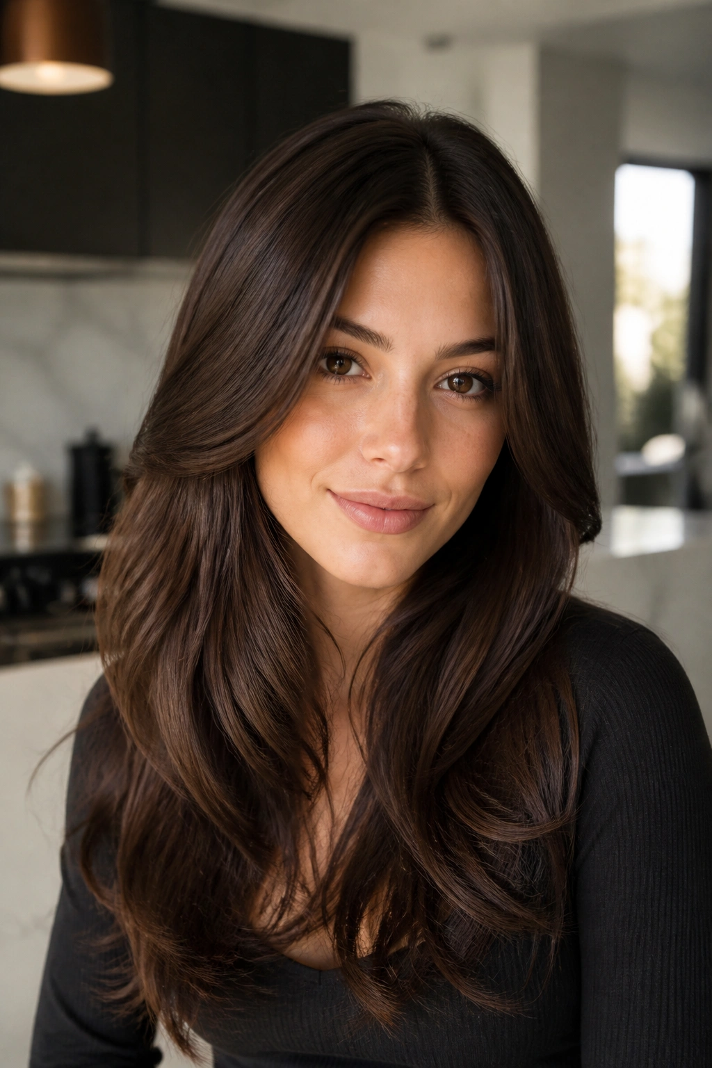 Close-up of a real woman with rich chocolate brown hair and glossy finish