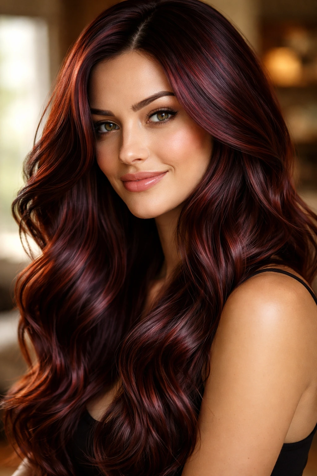 Close-up of a real woman with rich cherry-copper hair and violet-tinged mahogany highlights