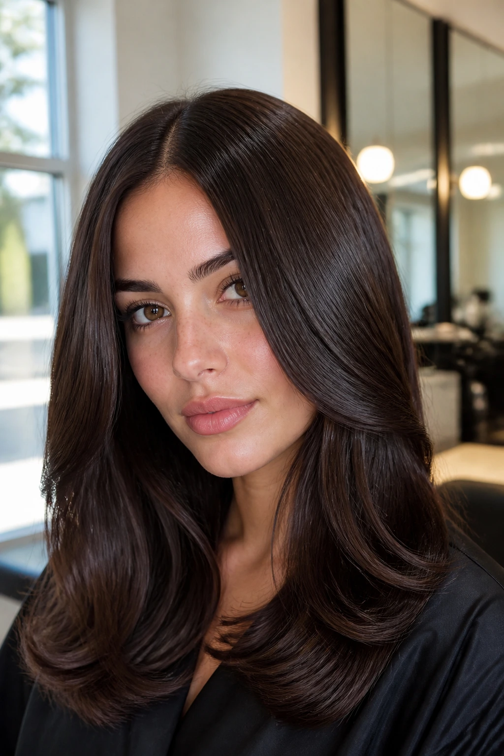 Close-up of real woman with rich dark chocolate hair and clear gloss in daylight