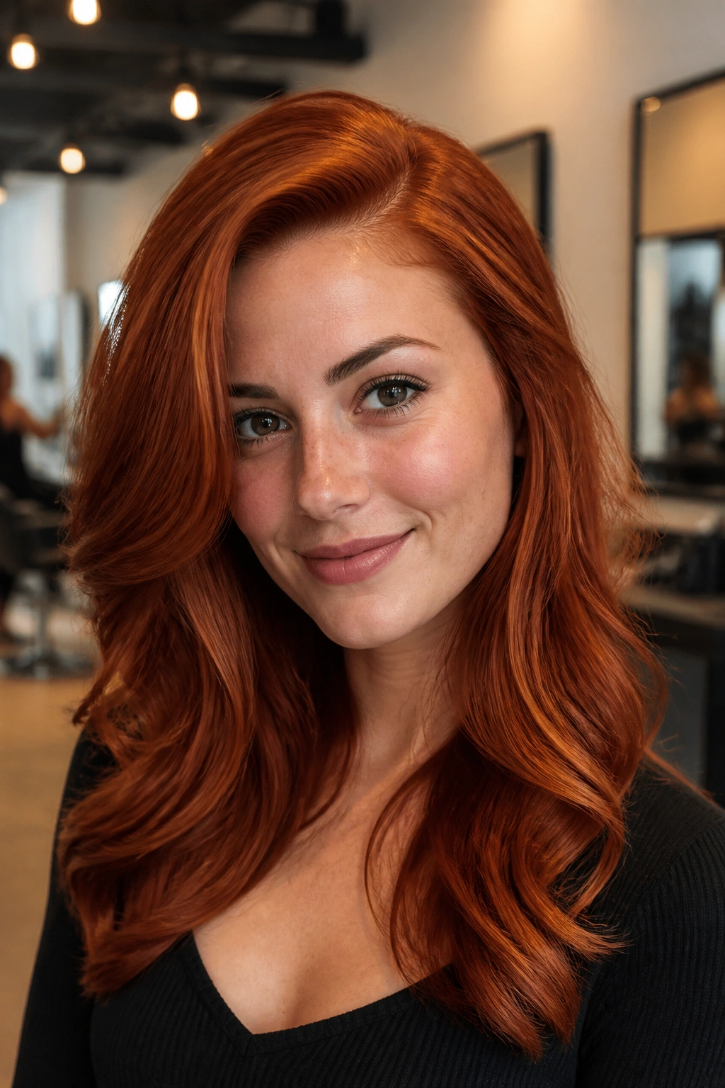 Portrait of a real woman with rich ginger copper hair and side part