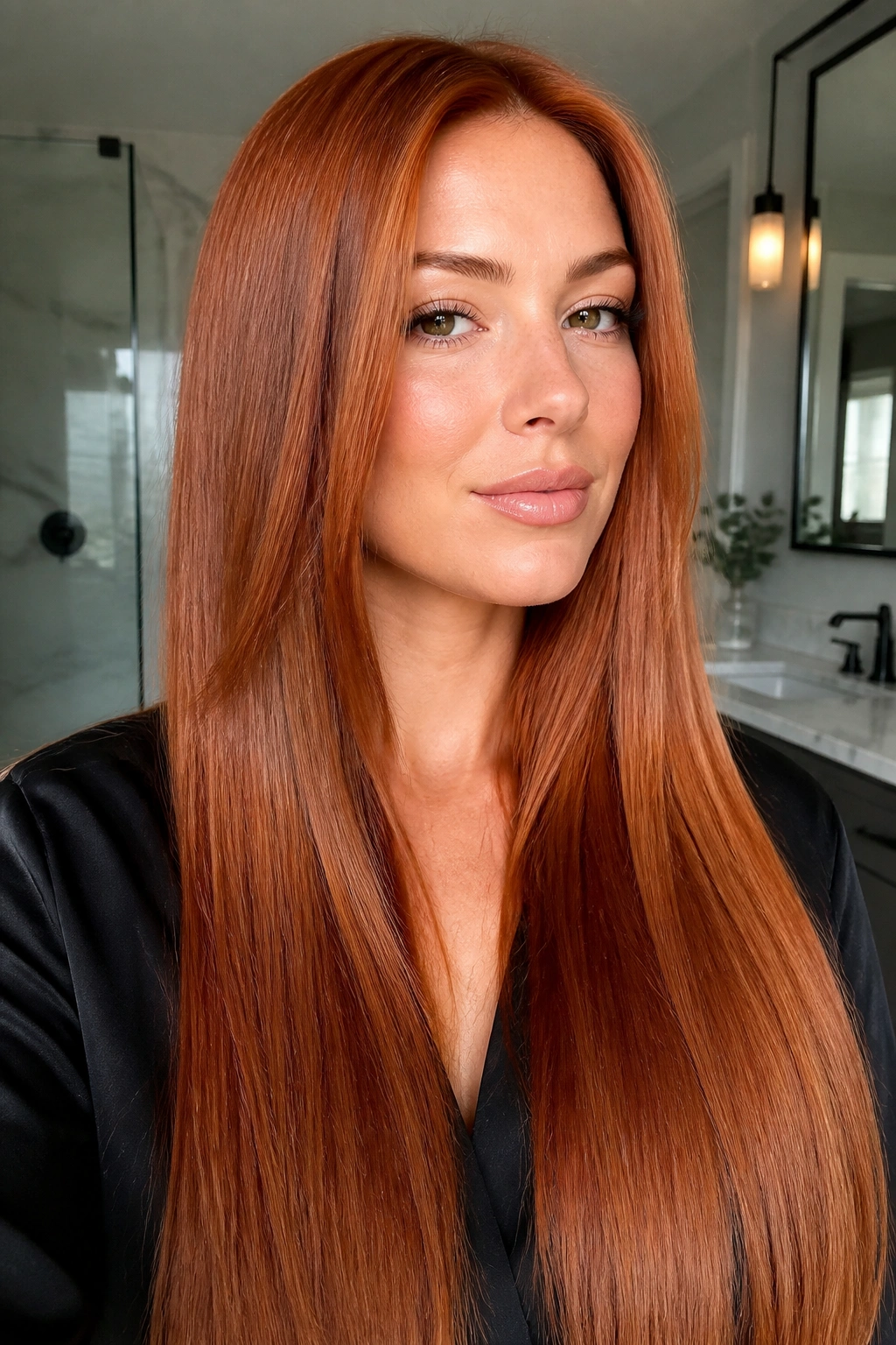 Close-up of a real woman with rich ginger gloss on long sleek length.