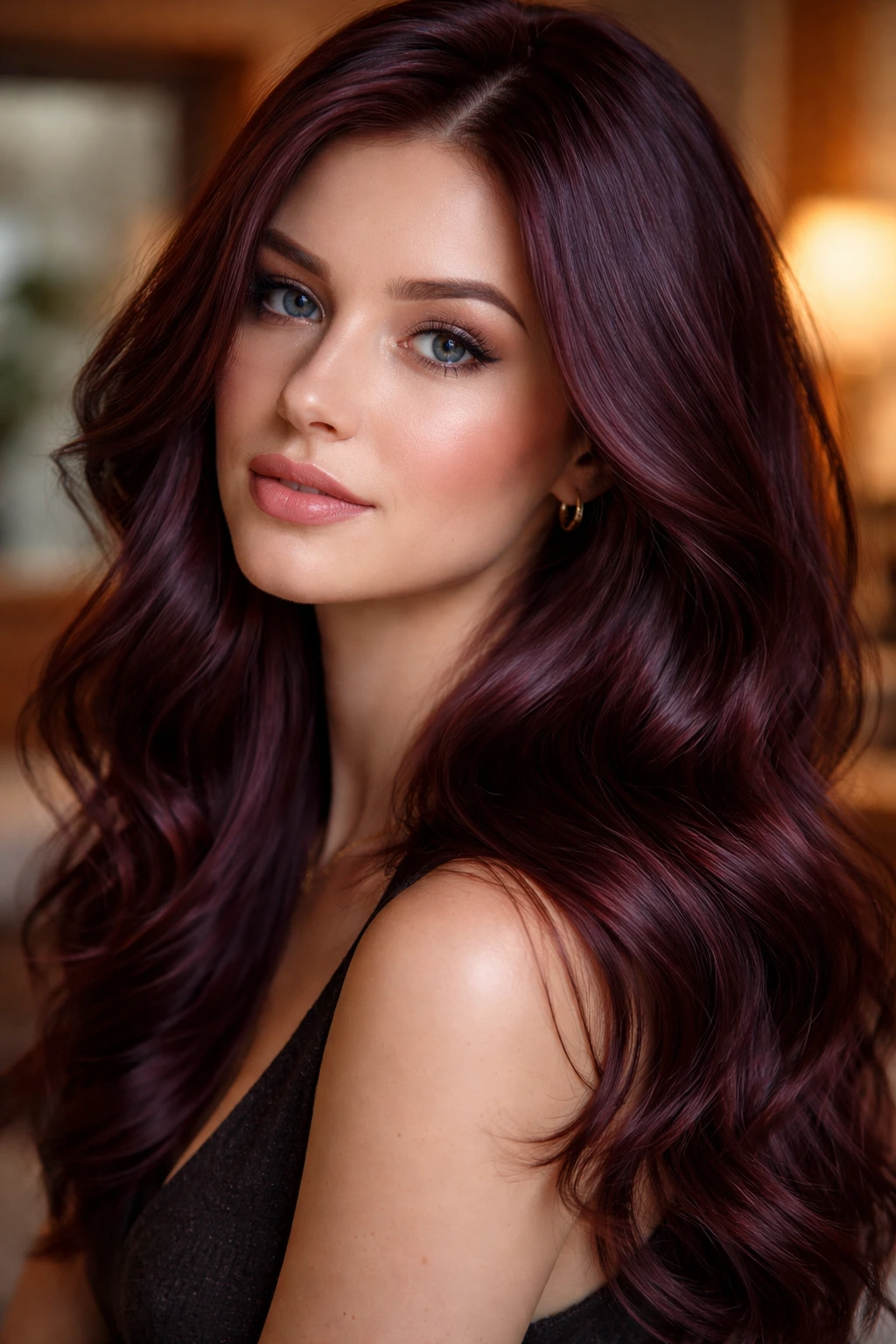 Close-up portrait of a real person with rich mahogany hair and cool burgundy tones