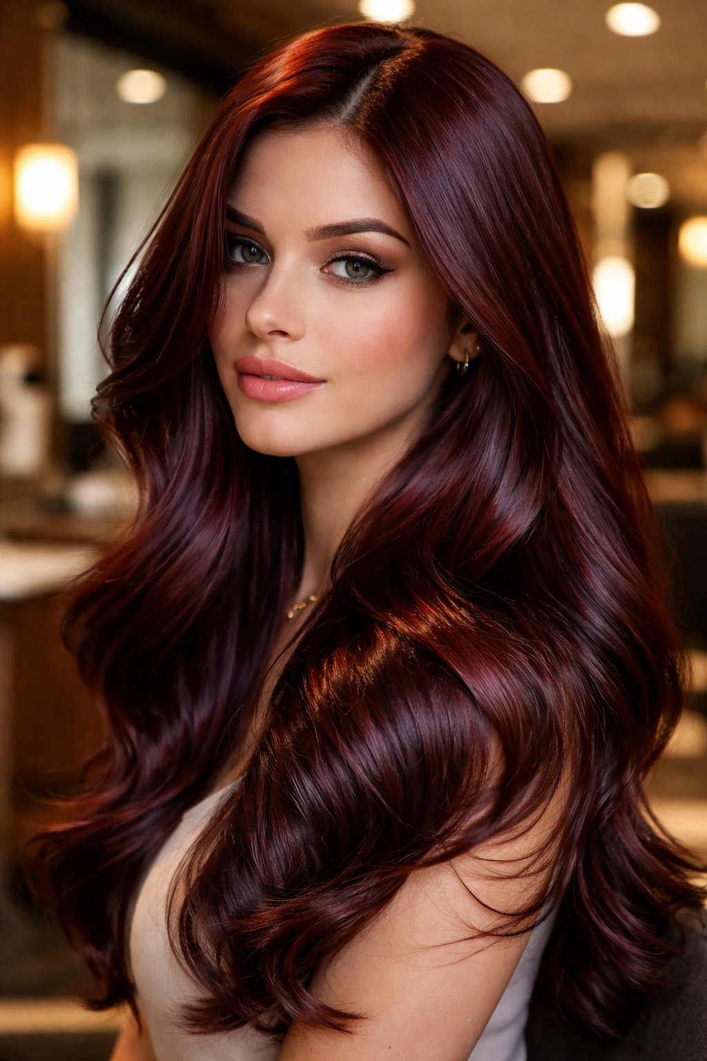 Close-up of a real person with glossy mahogany hair
