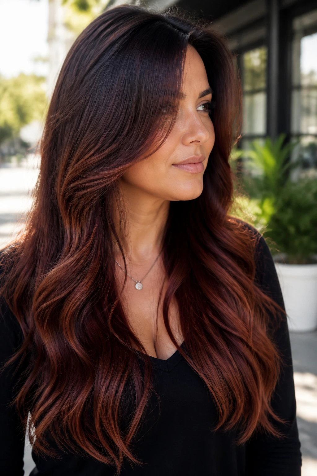 Close-up of a real woman with long hair showing a rich mahogany color melt