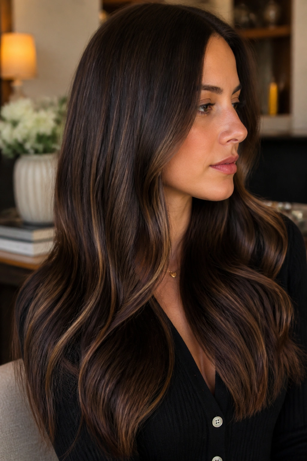 Close-up profile of a woman with rich walnut ombre and narrow blonde ribbons