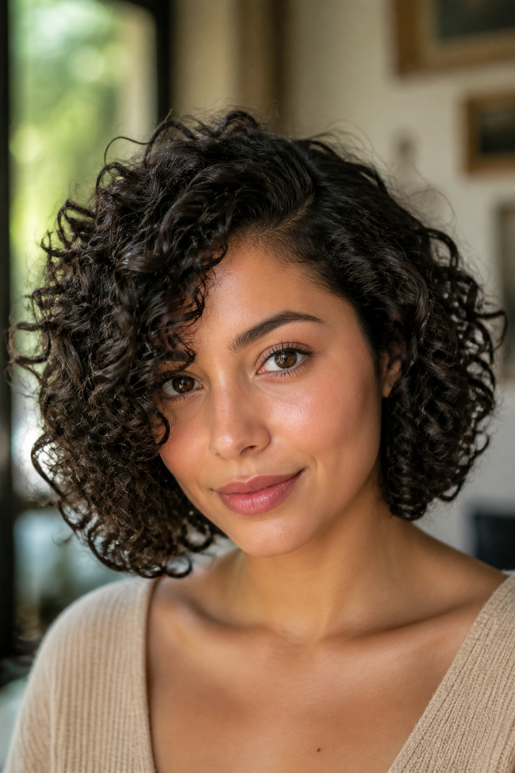 Close-up of a real person with Deep Side-Part Ringlet Bob showing off-center volume and ringlet curls
