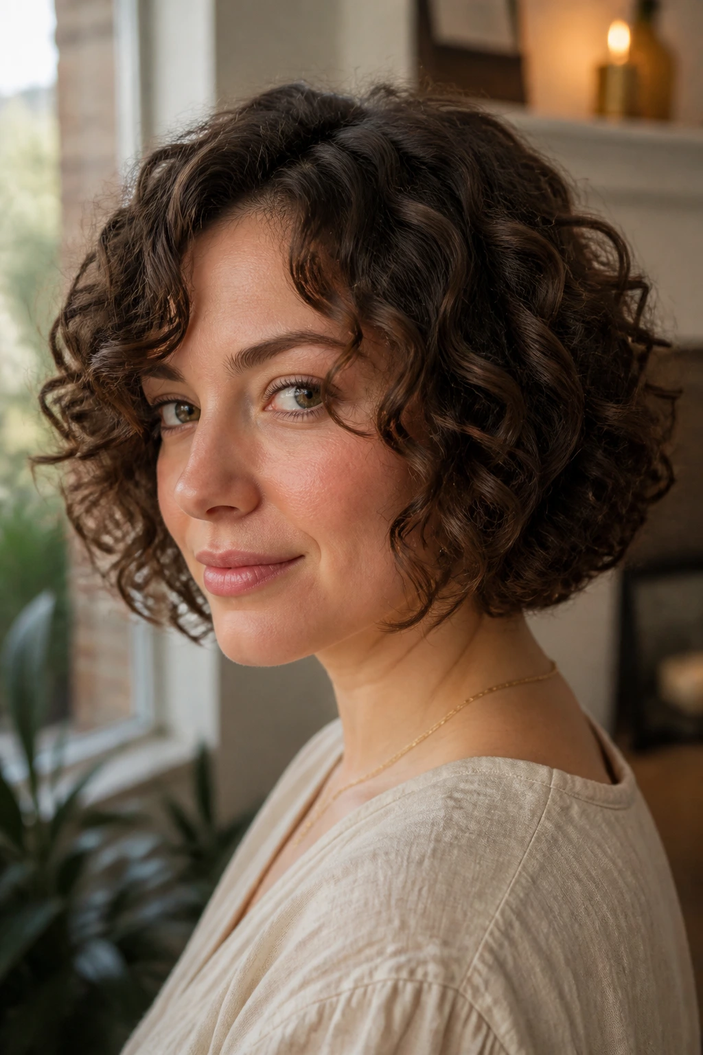 Close-up of a real woman with Ringlet Bob and invisible layers
